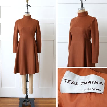 designer vintage 1960s wool dress • Teal Traina tailored long sleeve knit dress in rust brown 