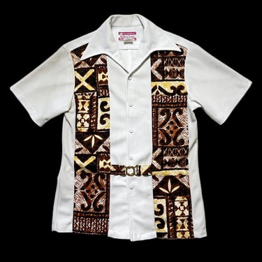 Vintage 1970s HAWAIIAN Barkcloth Cabana Shirt ~ fits S ~ Lounge ~ Buckle Front ~ Spread Collar ~ Rockabilly / Tiki / Atomic / VLV 