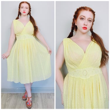 1980s Vintage Pastel Yellow Greek Goddess Dress / 80s Embroidered Gauze Cotton Grecian Sundress / Size Large  XXL 