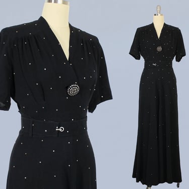1940s Dress / 40s Black Rayon Crepe Rhinestone Evening Gown / Starry Night 
