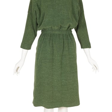Courrèges 1970s Vintage Dark Green Wool Blouson Dress Sz 