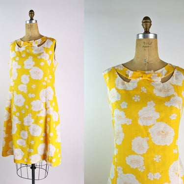 60s Floral Hawaiian Mini Dress / Vintage Yellow Dress / 60s Hawaiian Mini Dress / Size M/L 