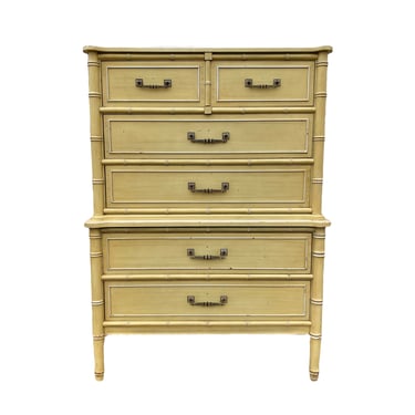 Henry Link Bali Hai Faux Bamboo Tallboy Dresser Project - Vintage Yellow Wash Two Tier Chest of 5 Drawers Hollywood Regency Furniture 
