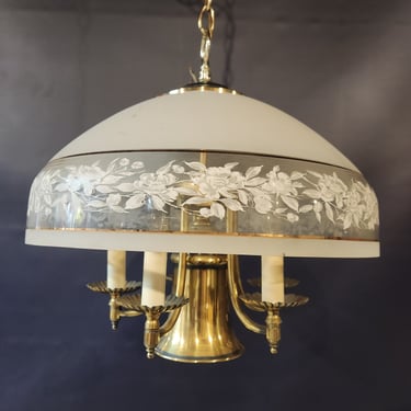 5 arm Brass Chandelier with Frosted Glass Shade 15.5