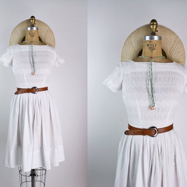 50s Cotton White Summer Dress / Size XXS/ XS- Free US Shipping 