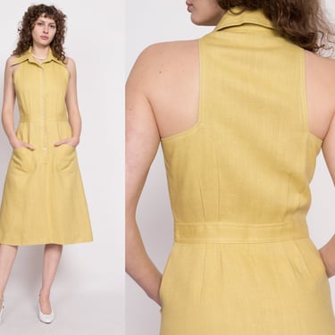 70s Mustard Yellow Linen Racerback Dress - Medium | Vintage Button Up Sleeveless Pocket Midi Dress 