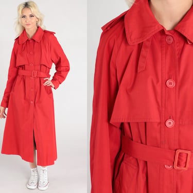 Red Trench Coat 90s Jacket Long Midi Button Up Belted Plaid Lined Collared Trench Coat Bohemian Collar Vintage 1990s Target Jacket Small 6 