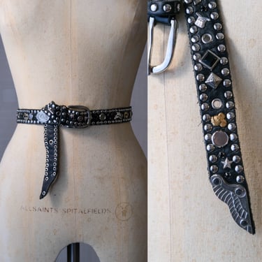 Vintage 80s DODO HANDMADE Heavily Studded & Rhinestone Black Leather Skinny Belt | 100% Genuine Leather | 1980s 1990s Designer Rocker Belt 