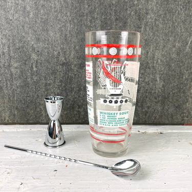 Hazel Atlas cocktail mixer with jigger and mixing spoon - lyre and quill - 1950s barware 