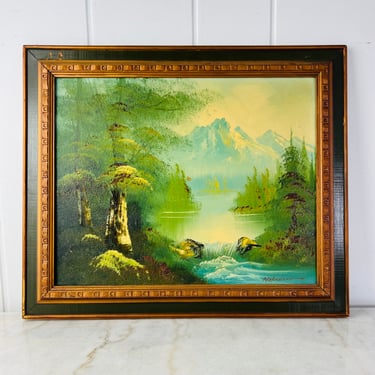 Vintage Oil Painting, Original Signed M Humphrey, Mountain and Lake at Sunset, Luminist landscape, wood frame, collectible, wall decor, gift 