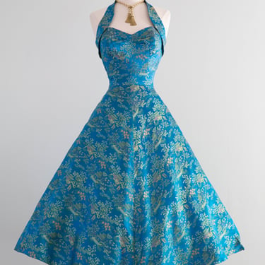 Spectacular 1950's Tiana Pittelle Hawaiian Halter Dress In Sapphire Chinese Silk / Small