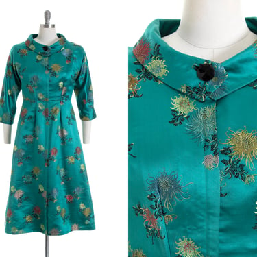 Vintage 1960s Dress | 60s Silk Jacquard Floral Asian Teal Sheath Party Formal Evening Dress (medium) 
