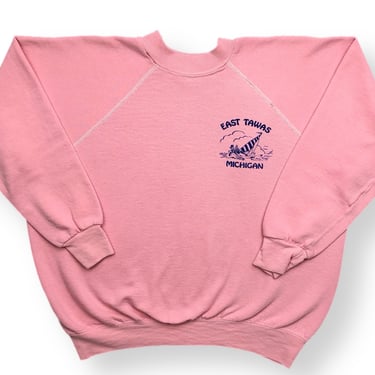 Vintage 70s East Tawas Michigan Faded Pink Distressed Graphic Crewneck Sweatshirt Pullover Size Medium/Large 