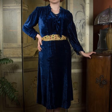 1930s Dress - Gorgeous Mid 30s Royal Blue Rayon Velvet Dress with Sophisted Knot and Bib Collar 