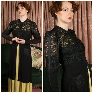 1930s Redingote - Exquisite Mid to Late 1930s Vintage Evening Jacket Overdress in Lustrous Soutache Tape on Black Net and Rayon Crepe 