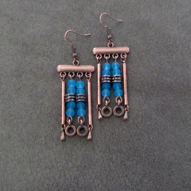 Blue sea glass and copper chandelier earrings 