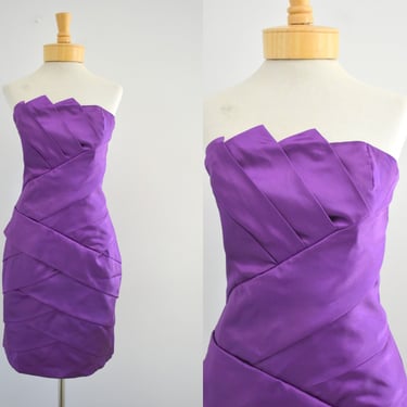 1990s Cache Purple Satin Strapless Cocktail Dress 