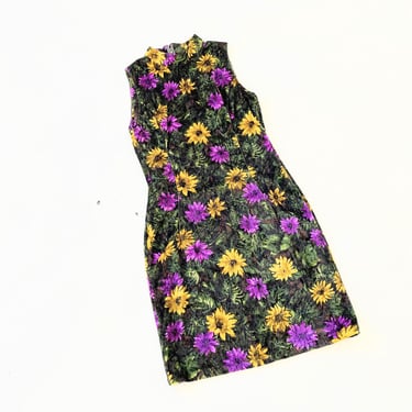 1970s Floral Velveteen Bodycon Dress 