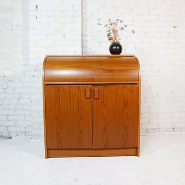Vintage mcm teak Swedish roll / barrel top storage desk with pullout desk and file drawer | Free delivery in NYC and Hudson Valley areas 