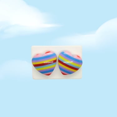 Rainbow Heart Stud Earrings - Big Retro 80s Inspired Striped Studs 