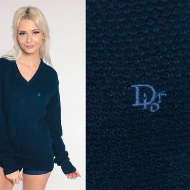 80s Christian Dior Sweater Navy Blue V Neck Slouchy Textured Acrylic Knit Dior Pullover Vintage 1980s Designer Medium 