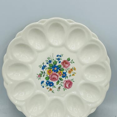 Vintage E R American Artware Deviled Egg Plate Ceramic White With Flowers 9 1/2