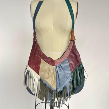 1970s Leather Fringe Patchwork Purse Shoulder Bag 