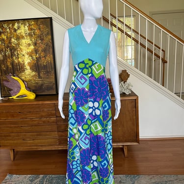 Vintage 60s Psychedelic floral print sleeveless Maxi dress S/M 