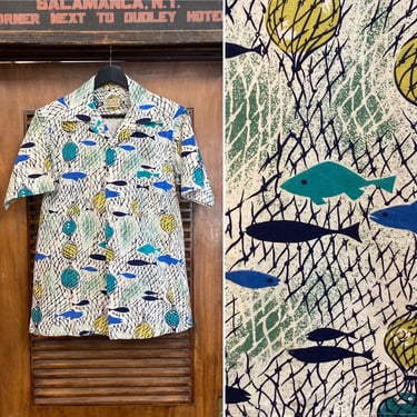 Vintage 1950’s Atomic Fish Pattern Hawaiian Rockabilly Shirt, 50’s Loop Collar, 50’s Fishnet, Vintage Clothing 