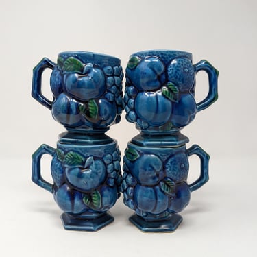 Vintage 60s Inarco Japan Blue Fruit Bowl Set of Four Mugs 