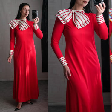 Vintage 70s Red & White Soutache Candy Stripe Maxi Party Dress w/ Exaggerated Bow Collar | 1970s Designer Evening Stretch Shift Dress 