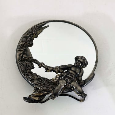 Antique Moon Vanity Mirror Crescent Silver Plated Round Victorian Figural Cherub Man in the Moon Celestial 