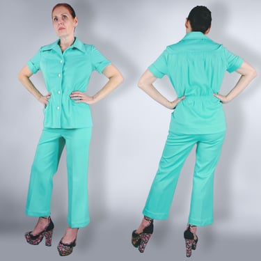 VINTAGE 70s Crazy Cyan Polyester Flared Cropped Pants & Tunic Set Pantsuit by Catalina | 1970s Two Piece Dagger Collar Leisure Suit | VFG 