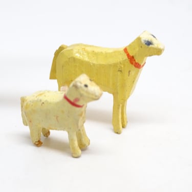 Antique 1940's Small Miniature German Wooden Sheep and Lamb, Vintage Hand Carved Hand Painted Toy for Christmas Putz or Nativity 