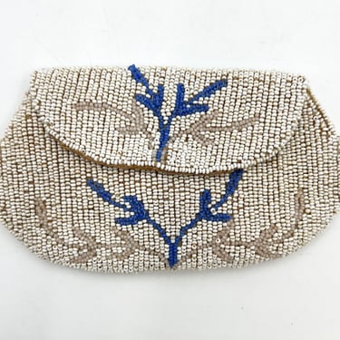 Antique Beaded  Bag | 20s  Small Blue and White Coin Purse with Mirror | Hand Made in Belgium 