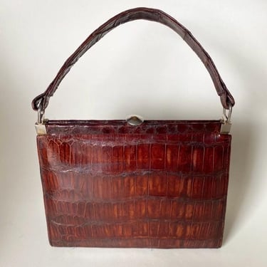 Vintage 1950s classic style  Dark Brown glossy  Leather Handbag by BakeliteBa
