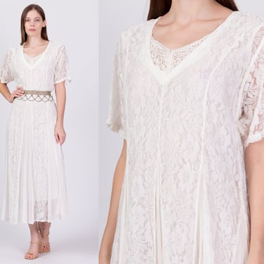 90s White Lace Maxi Dress - Large | Vintage Grunge Semi-Sheer Festival Summer Sundress 