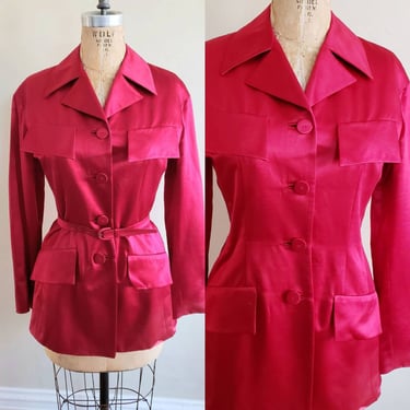 1990s Red Silk Blazer RARE Lambros Milona / 90s Designer Wool Silk Blend Evening Dressy Blazer Jacket with Belt / M 
