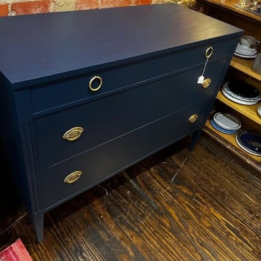 John Is idiom blue painted 3 drawer dresser. 47.5” x 19.5” x 34.5” 