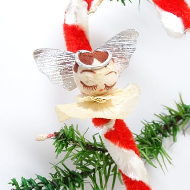 Vintage 1950's Spun Cotton Angel on Chenille Candy Cane Christmas Tree Ornament, Retro MCM Antique Decor 