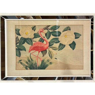 Pink Flamingo Watercolor Painting on Paper Signed by Shirrell Graves, Framed 