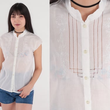 White Cut Out Top 70s 80s Floral Embroidered Blouse Semi-Sheer Cutwork Blouse Button Up Shirt Cutout Bohemian Cap Sleeve Vintage 1970s XS 