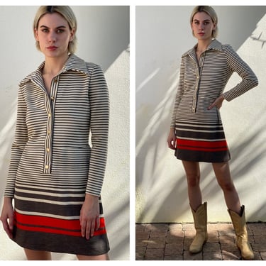 Vintage Wool Knit Dress / Autumnal Winter Stripes / Super Warm and Comfy Dress / CEO Secretary Dress / Mad Men Sixties Dress / 1960's Mod 