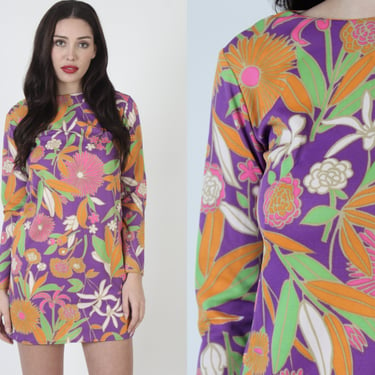 60s Neon Psychedelic Style Dress / Mod Floral Tiki Party Dress / Trippy All Over Print Floral / Cocktail Party Shift Micro Frock 