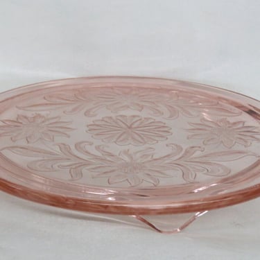 Jeannette Sunflower Style Pink Depression Glass Three Footed Cake Plate 2671B