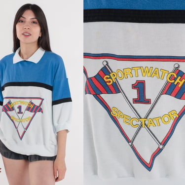 90s Sports Shirt Racing Short Sleeve Sweatshirt Color Block Sportwatch Graphic Tee Banded Hem Retro Blue White Collared Vintage 1990s Large 