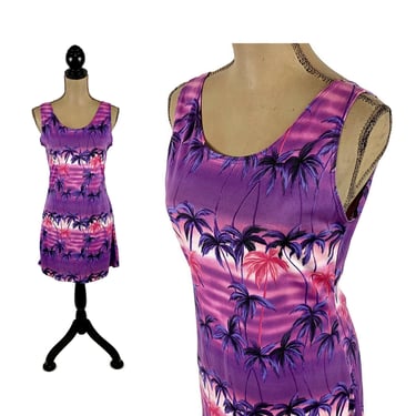 Purple Palm Tree Mini Dress Small, Sleeveless Short Sundress, Beach Tropical Print Hawaiian, Summer Clothes Women, Vintage Made in the USA 