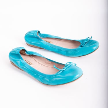 Vintage MIU MIU Blue Leather Ballet Flats with Bow sz 38 8 Cerulean Teal Turquoise Eggshell Light Baby Blue 