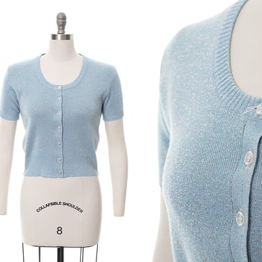 Vintage 1960s Sweater | 60s Metallic Silver Light Blue Knit Short Sleeve Button Up Top (small/medium) 