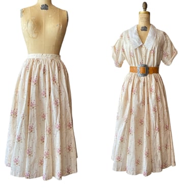 1980s ralph lauren floral cotton 2 piece set, vintage skirt and blouse, cream and lilac, cottagecore, small, 80s designer, 26 27 